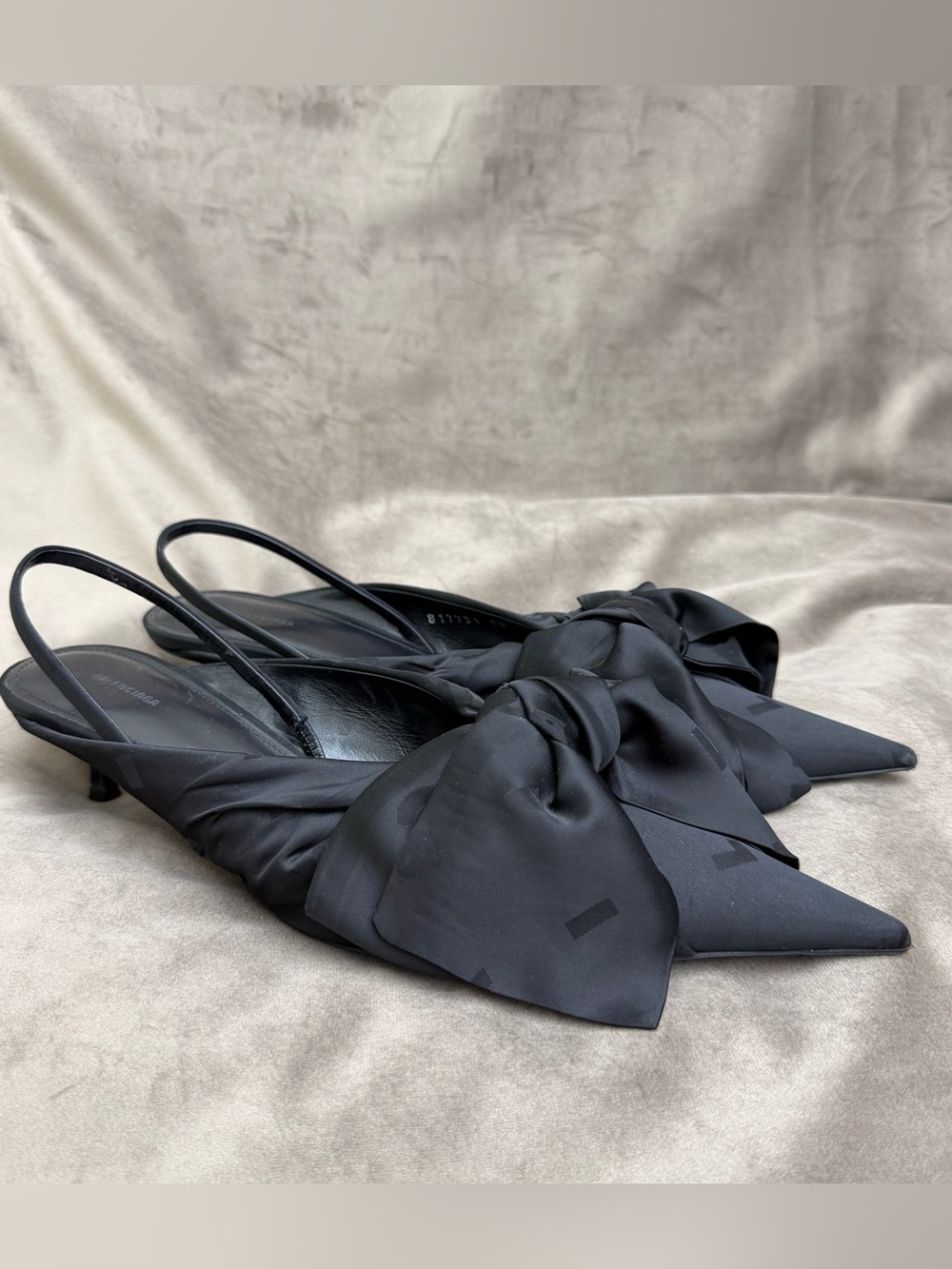 Balenciaga Black Satin Bow Pointed Slingback Heels - Picture 3 of 6